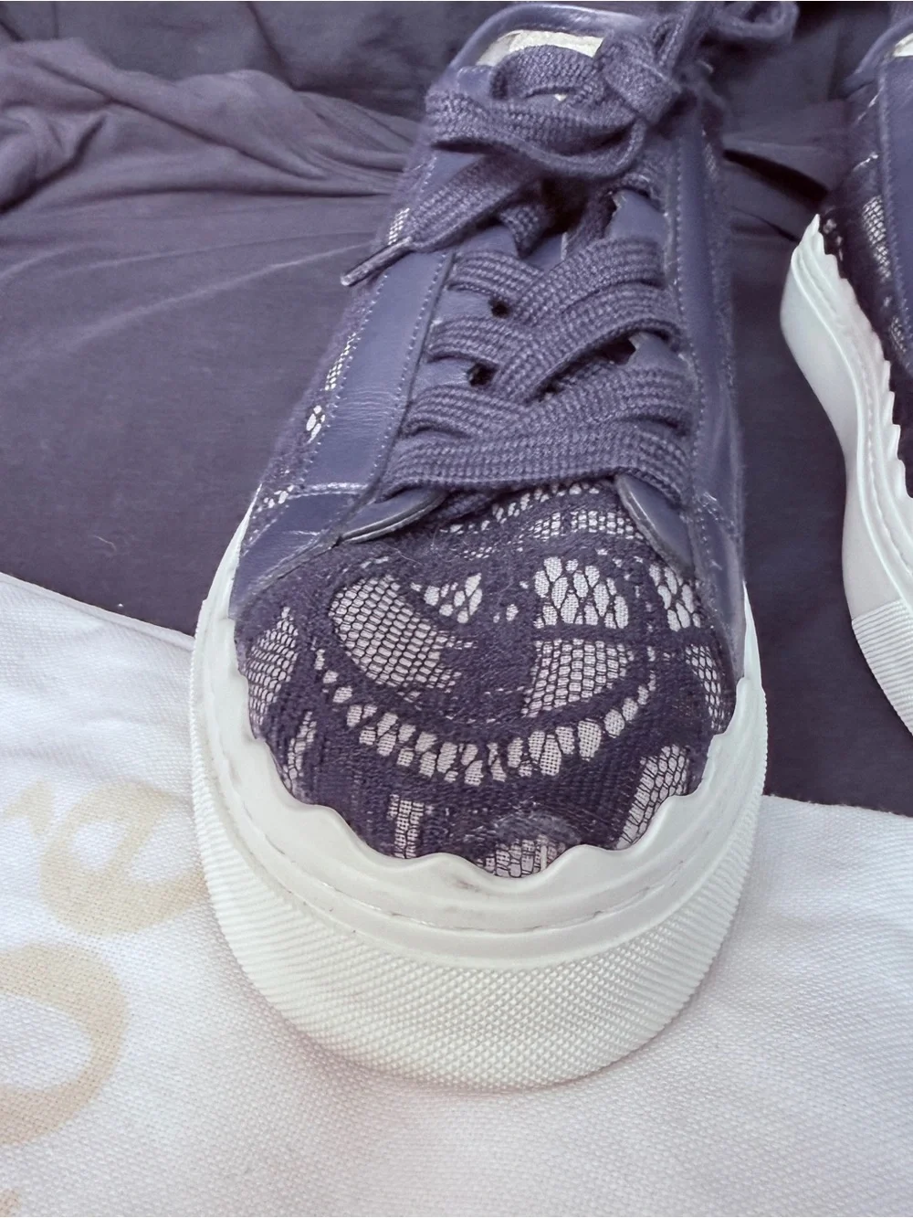 Chloe- Navy Lace Overlay Sneakers with White Platform Sz 39
